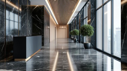 A black marble wall panel and wood flooring in office building. Generative AI.