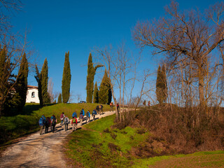 Italia, Toscana, zona del Mugello, Vicchio del Mugello. trekking nella campagna.