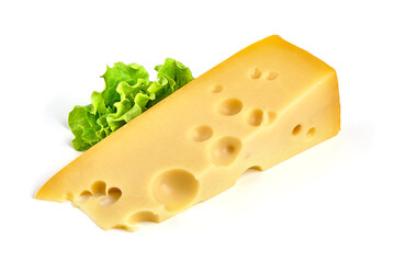 Maasdam cheese triangle, isolated on white background. High resolution image.