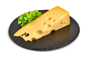 Maasdam cheese triangle, isolated on white background. High resolution image.