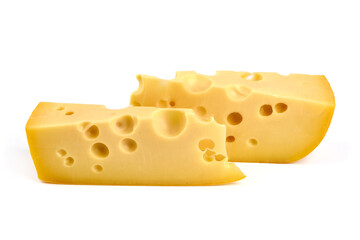 Maasdam cheese triangle, isolated on white background. High resolution image.