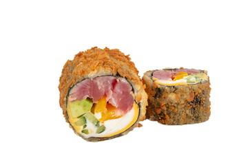 Sushi roll on a white background with Philadelphia cheese and salmon breaded with dried tuna.