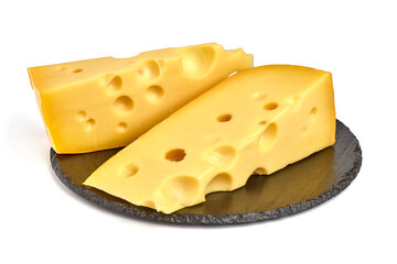 Maasdam cheese triangle, isolated on white background. High resolution image.