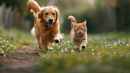 Naklejka na ściany i meble couple of friends a cat and a dog.cat and dog walk through a sunny spring meadow