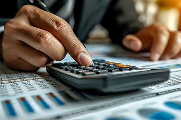  professional analyzing financial data with a calculator on charts and graphs. This image illustrates the concepts of finance, business, and economy in a realistic and engaging way.