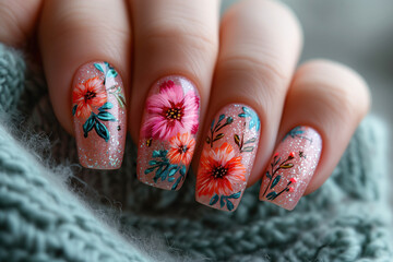 Nail design on shiny nail polish with flowers, fashionable multi colored art manicure - obrazy, fototapety, plakaty