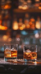 Two glasses of whiskey with ice on a bar counter in a nightclub