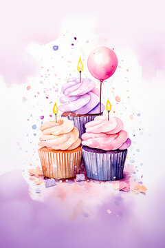 a watercolor painting with candles burning on it, neatly packed presents, a delicious cake and colorful balloons. A great decoration for a birthday party or any celebration.