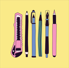 Vector set of office supplies. Pens, pencils, stationery knife, liners, felt-tip pens. Set of isolated elements on a yellow background. Banner for school supplies store. Cartoon hand drawn style.