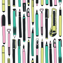 Vector seamless pattern with office supplies. Pens, pencils, stationery knife, liners, felt-tip pens. Set of isolated elements on a white background. Cartoon hand drawn style.