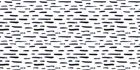 Thin horizontal lines pattern on white background. Hand drawn small black dash seamless texture. Black linear ornament. Memphis style background with brush stripes. Abstract modern vector texture