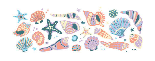 Hand drawn vector set of seashells. Multicolored sea isolated elements. Ornamented sea creatures. Set for designing cards, patterns, prints. Cartoon style starfish, shells, sea set.