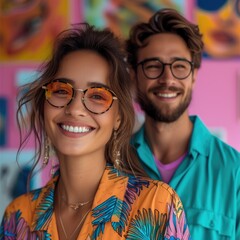 Obraz premium A smiling woman in glasses and man standing nearby, colored designer clothing. Generative AI.