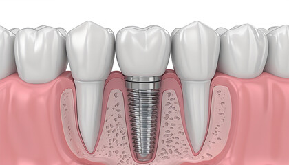 Closeup white tooth and gum with Dental implant , Human Teeth for Medical Concept, 3d illustration. Dental teeth implant healthy teeth and tooth human dentura