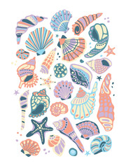 Big vector set of seashells. Multicolored sea isolated elements. Ornamented sea creatures. Set for designing cards, patterns, prints. Cartoon style starfish, shells, sea set.