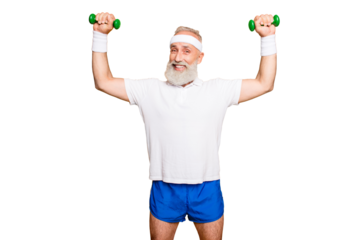 Body care, hobby, weight loss lifestyle. Cheerful cool grandpa with humor grimace exercising holding equipment up, lifts it with strength and power, wearing blue sexy shorts, so hot!