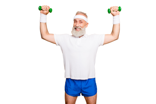 Body care, hobby, weight loss lifestyle. Cheerful cool grandpa with humor grimace exercising holding equipment up, lifts it with strength and power, wearing blue sexy shorts, so hot!