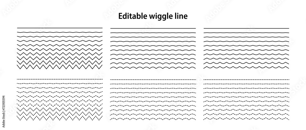 Wall mural editable wiggle lines. set of wavy curves and zigzag intersecting horizontal strokes. transition fro