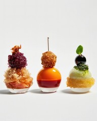 Molecular Modern Cuisine sweet dessert, realistic. Haute cuisine gourmet appetizer, close up, decorated, minimal. For restaurant, menu, advert or package