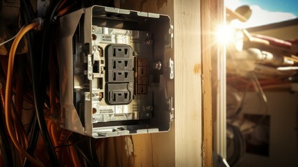 Electrical panel box open, electricity sockets and cables set up.