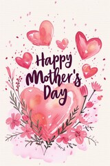 Happy Mother's Day card with red hearts in watercolor painting