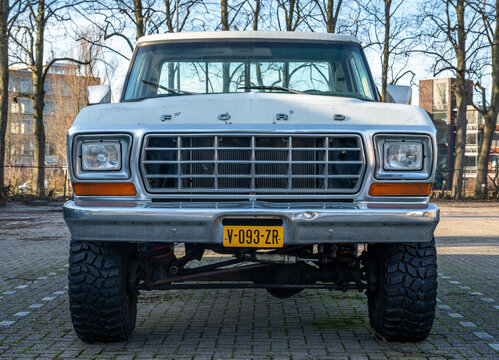 Schoonhoven, The Netherlands, 28.01.2024, Front view of retro pickup truck Ford F100 ranger from 1979