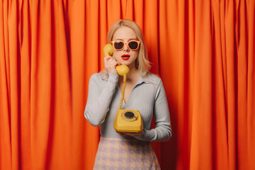 Woman talking on vintage landline phone in front of orange curtains