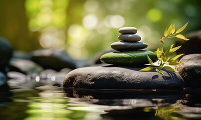 Zen stones and water in a peaceful green garden, relaxation time, wellness and harmony, massage and bodycare, spa and wellness concept. Generative Ai