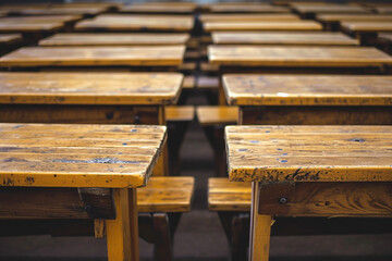 Row of Wooden Tables in a Cafe