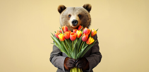 A bear in a suit with a bouquet of tulips on a minimalistic background.