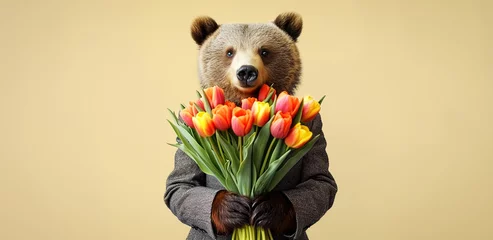 Fotobehang A bear in a suit with a bouquet of tulips on a minimalistic background. © Svetlana Rey