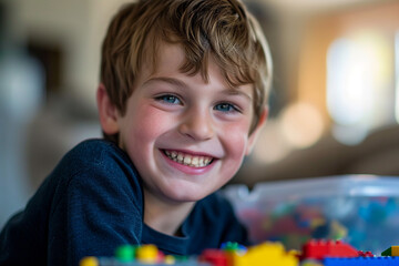 Young Boy Smiles and Plays With Toy