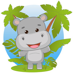 A happy hippopotamus in kawaii style stands and spreads its arms near leaves and palm trees.