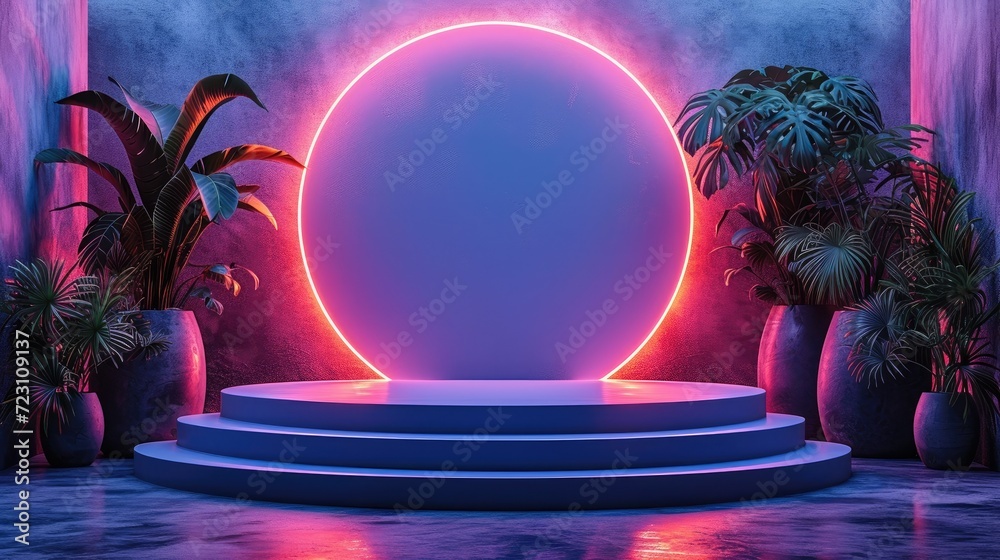 Poster podium with neon background, mockup display stand for product presentation. generative ai.