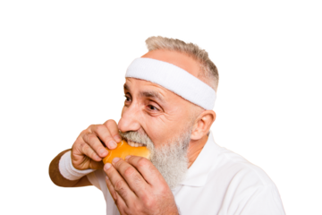 Weightloss, healthcare, gym, strength, regime, challenge. Close up of modern athlete cool grey haired pensioner grandpa hold yummy tasty delicious heavy grossy sandwich, destroys it