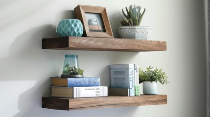 Sleek soft brown wood floating shelves.