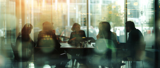 Silhouetted professionals engaged in a meeting, backlit by the golden glow of city life