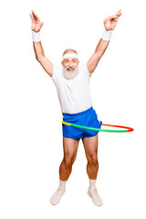 Emotional cool cheerful excited crazy funny fooling playful gymnast grandpa with comic grimace, exercises for fit figure. Body care, hobby, weight loss, game process - obrazy, fototapety, plakaty
