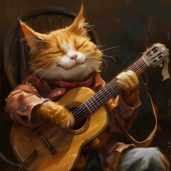 Cat playing guitar. Artistic painting of musical pet. Fantasy and whimsy concept. Wall art for creative projects