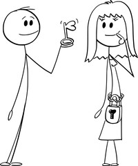 Lovers and Key of Love, Vector Cartoon Stick Figure Illustration