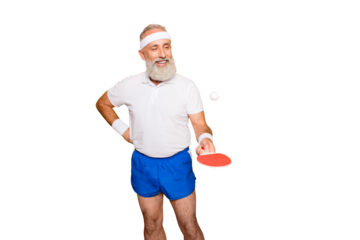 Competetive emotional cool active comic grandpa with beaming grin, with table tennis equipment. Healthcare, weight loss, bodycare lifestyle, wearing blue sexy shorts, so hot!