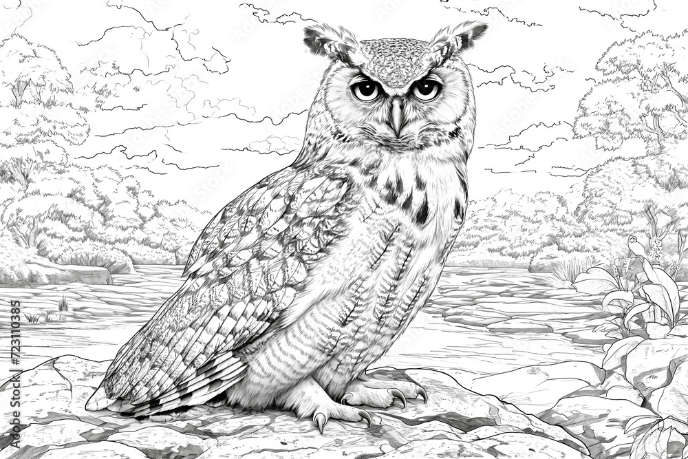 Wall mural Black and white illustration for coloring birds, owl in the wood. Animal Coloring Page.