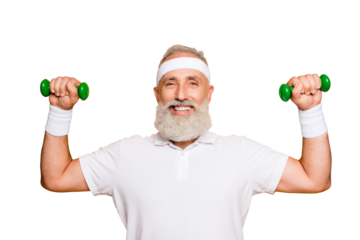 Cheerful emotional cool grey haired grandpa with humor grimace exercising holding equipment, lifts it with strength and power. Body care, hobby, weight loss, lifestyle, game process