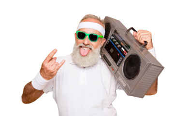 Cheerful excited aged funny active sexy athlete cool pensioner grandpa in eyewear with bass clipping ghetto blaster recorder. Old school, swag, sticking tongue, fooling, gym, workout, technology
