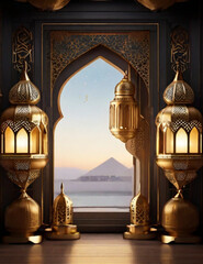 Islamic design with beautiful gold lanterns ornament. Generative AI.