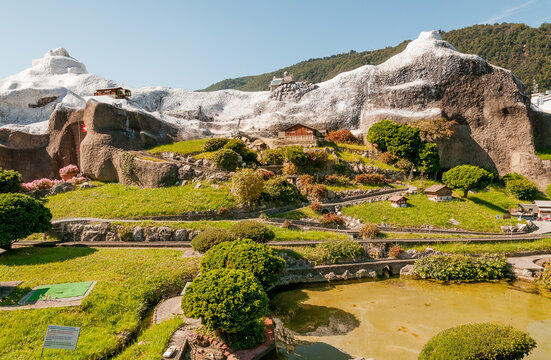 Melide, Ticino, Switzerland - September 25, 2014: Swissminiatur, is a Swiss miniature park, located in Melide, on the shores of Lake Lugano, in the Canton of Ticino.