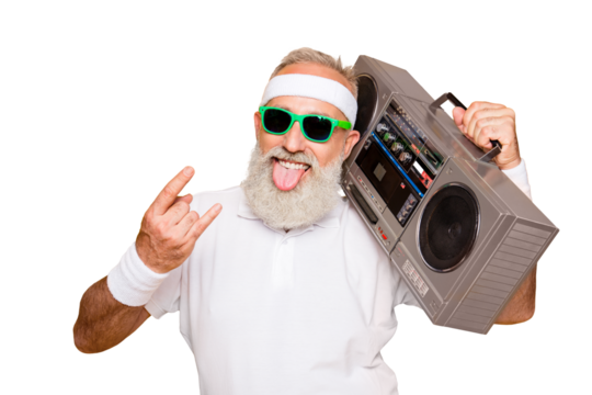 Cheerful excited aged funny active sexy athlete cool pensioner grandpa in eyewear with bass clipping ghetto blaster recorder. Old school, swag, sticking tongue, fooling, gym, workout, technology