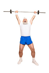 Fototapeta na wymiar Full length of confident cool funny insane emotional active grandpa with win victory grimace, exercising training, holding equipment, lifts it up, wears sexy shorts, sneakers, yell shout