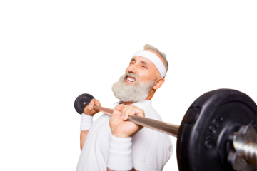 Comic, confident cool grey haired grandpa with humor grimace exercising holding equipment, lifts it up. Body care, hobby, weight loss, deadlift, powerlifting, pressure, proud lifestyle