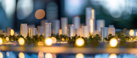 A miniature urban nightscape comes to life with glowing orbs and towering high-rises - obrazy, fototapety, plakaty